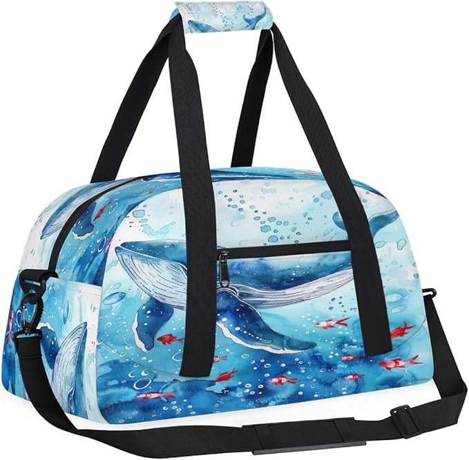 Travel Duffle Bag, Blue Whale Watercolor Waterproof Weekender Overnight Bags for Women Men Lightweight Carry on Duffle Gym Bag for Travel, Sports, Fitness, Workout
