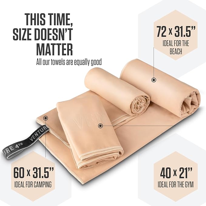 VENTURE 4TH Quick Dry Towel. Microfiber Travel Towel Ideal for Camping, Hiking, Backpacking, Gym. Lightweight & Fast Drying Travel Towels for Body. Compact & Easy to Pack - Beige Large