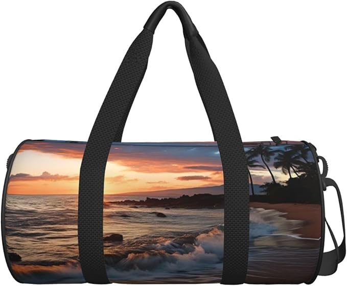 Beach Maui Hawaii Sunset Sea Waves Clouds Sports Gym Bag for Women Men Travel Duffel Bag Tote Weekender Bag Canvas Carry on Overnight Bag for Travel Swimming Fitness Workout Sports Duffle Bag