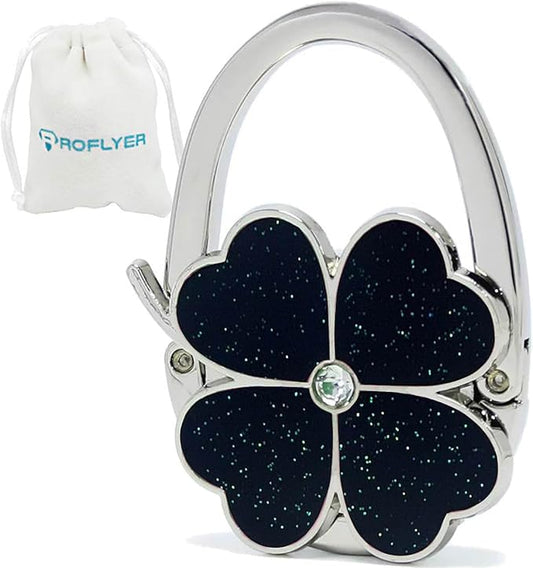 Four Leaf Clover Design Foldable Handbag Hanger Folding Purse Table Hook Holder (Black)