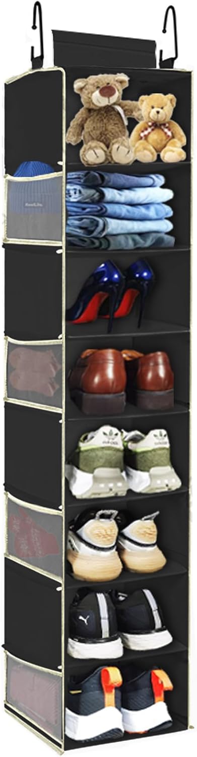 Large-Sized Hanging Shoe Organizer 8-Shelf, Hanging Closet Organizer with 8 Side Pockets, Wider Hanging Shelves for Storage Shoes Clothes 9" W × 11.8" D× 48" H, Black.