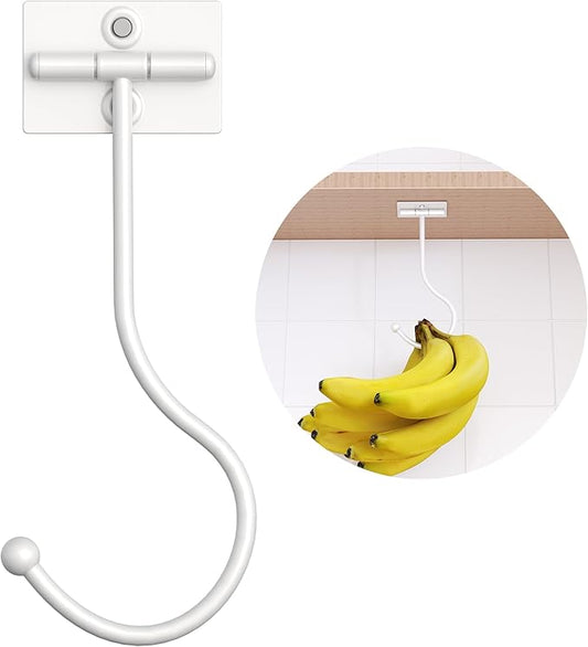 White Banana Hanger Hook Under Cabinet: Adhesive Banana Holder, Foldable with Magnets When Not in Use, Under Counter Banana Hook, Stainless, Hold 13 LB