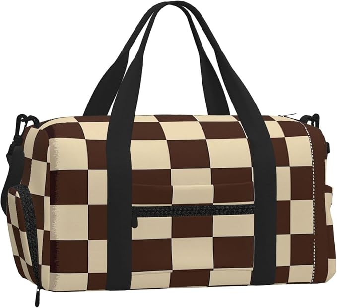 Sports Gym Bag Brown Checkerboard Grid Pattern Travel Duffel Bag With Shoe Compartment Shoulder Strap, Lightweight Water-Resistant Weekend Overnight Totes For Women Men