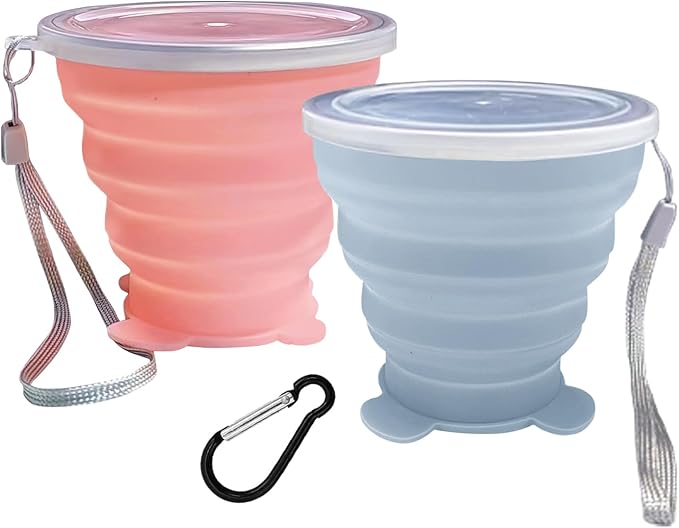 Collapsible Cup, Silicone Collapsible Travel-Cup, Expandable Folding Camping Drinking Cups with Lids Reusable Small Portable MugsCup for Travel, Camping, Hiking,Outdoor Sports, Indoors