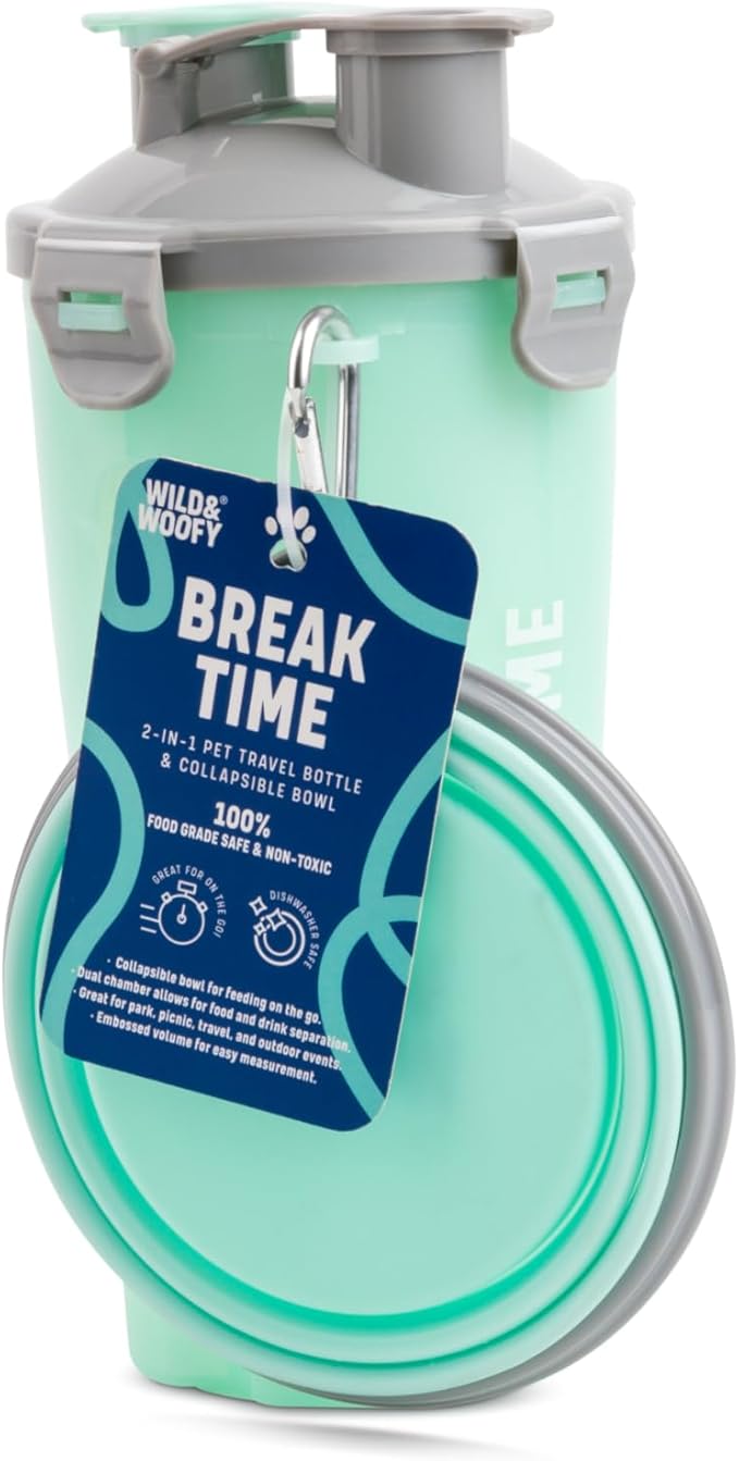 Wild & Woofy Break Time 2-in-1 Pet Travel Bottle and Collapsible Bowl - Seafoam