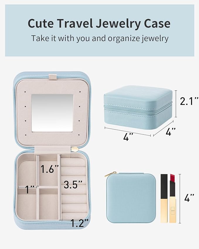 Vlando Teacher Appreciation Graduation Gifts - Small Travel Jewelry Box Organizer - Display Case for Girls Women Gift Rings Earrings Necklaces Storage with Mirror Blue