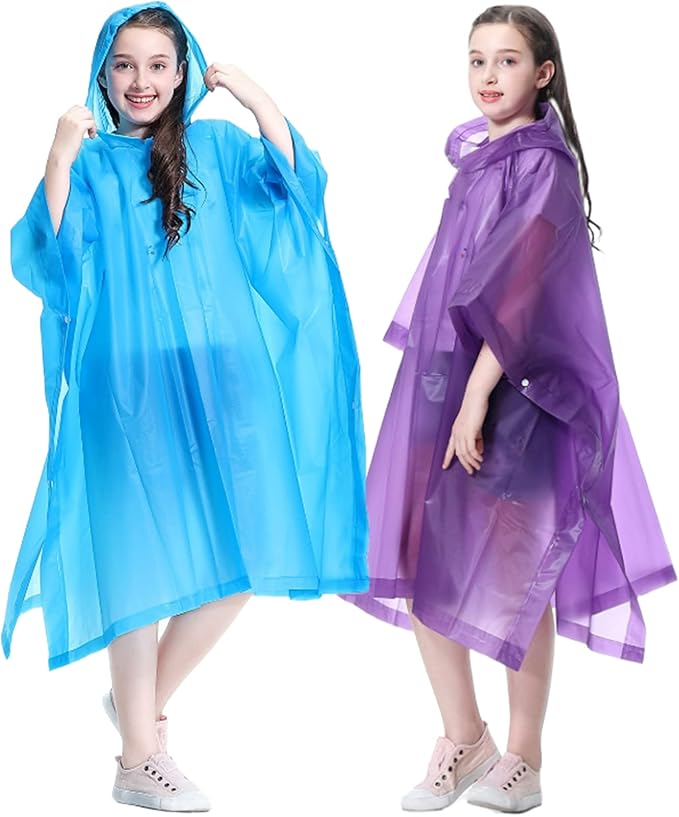 Rain Poncho for Kids (2 Pack), Reusable EVA Children Raincoat Ponchos Rain Jacket with Hood for 6-14 Girls Boys
