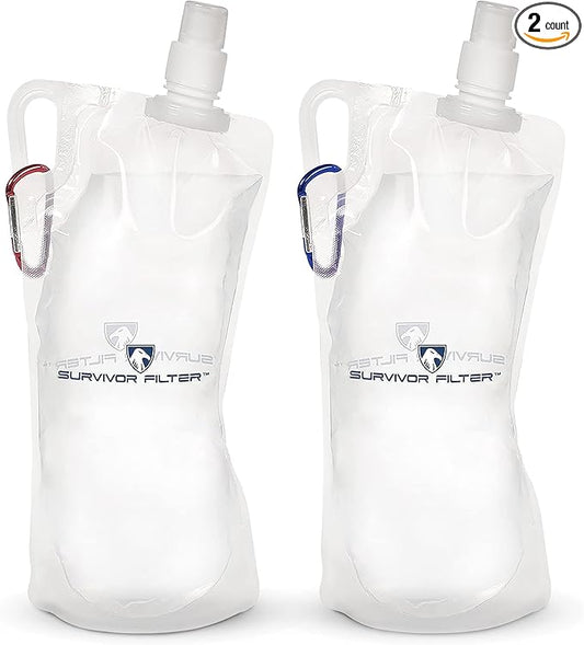 Survivor Filter Clear Collapsible Water Bottles - Travel, Hiking, Foldable, BPA-Free - 2 x
