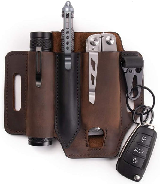 Gentlestache Multitool Sheath for Belt, Leather EDC Pocket Organizer for Men, Leatherman Sheath with Pen Holder, Key Fob, Flashlight Sheath, EDC Leather Pouch Dark Brown