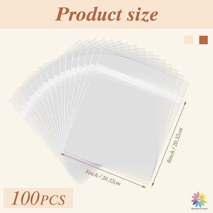Mat Board Center 8x8 Inches Crystal Clear Sleeves Storage Bags, 100 Pack Self Sealing Cellophane Bags for Packaging Prints & Photos
