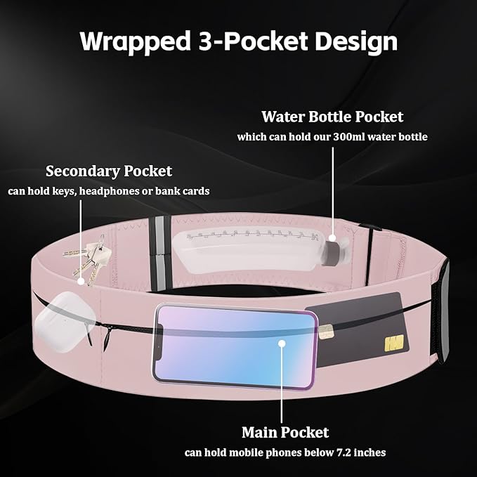 Running Belt for Women Men with Water Bottle & Cooling Towel,Waterproof Running Bag with Adjustable Extension Strap & 3 pocket, Reflective Belt Waist Pack for Hiking, Jogging & Travel (Pink, Medium)