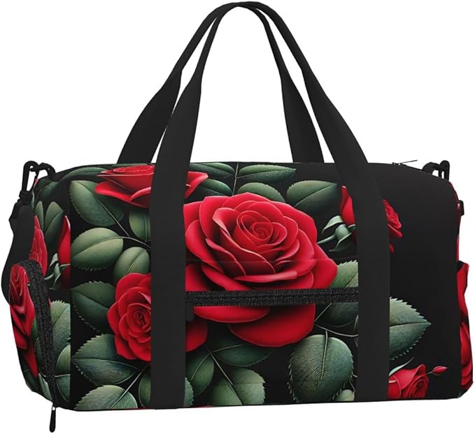 Vitality Rose Print Gym Bag with Shoe Compartment for Women Men, 17.7in Sports Duffle Weekender Tote, Overnight Travel Duffel Bag Carry On
