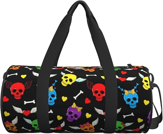 Duffle Bag Lightweight Unisex Carry On Small Gym Bag Sports & Travel Duffel Bags Colorful Funny Cartoon Skulls Love Hearts for Men and Women