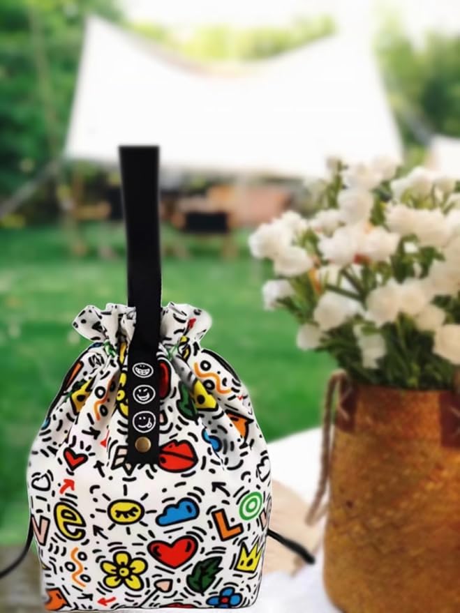 Reusable Drawstring Lunch Bag,Insulated Handbag Tote bag with Handle,Lunch Sackand Drawstring Closure for Women Work Picnic or Travel（Colored