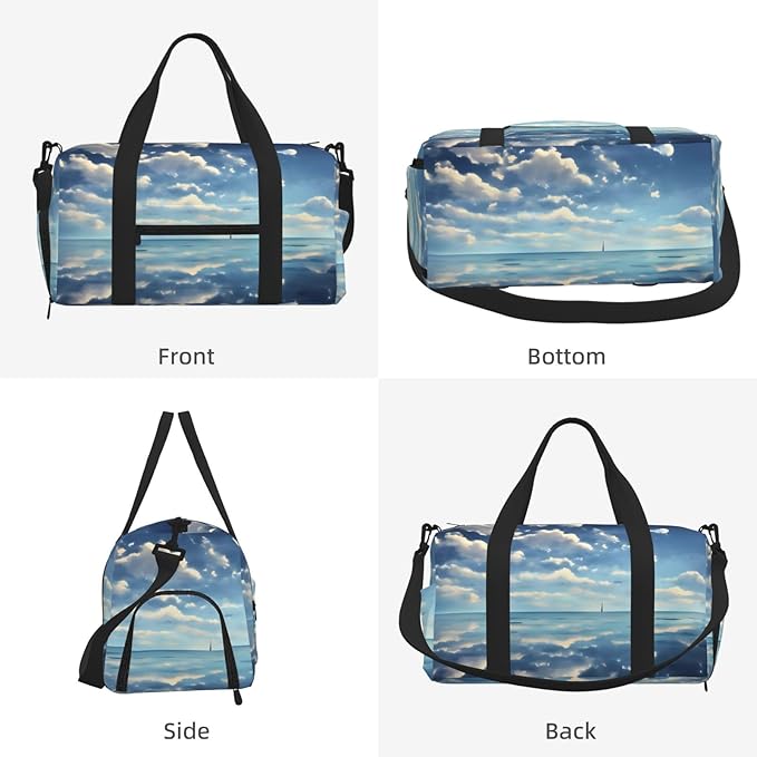 White clouds over the sea Print Gym Bag with Shoe Compartment for Women Men, 17.7in Sports Duffle Weekender Tote, Overnight Travel Duffel Bag Carry On