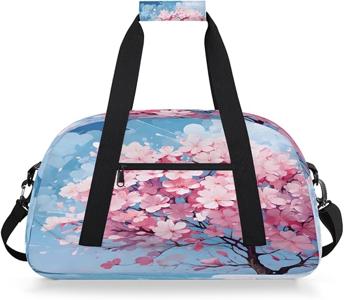 Sports Duffel Bags, Pink Cherry Blossom Tree Water-Resistant Gym Duffle Bag for Men Women, Lightweight Weekender Overnight Bag for Fitness, Workout, Travel