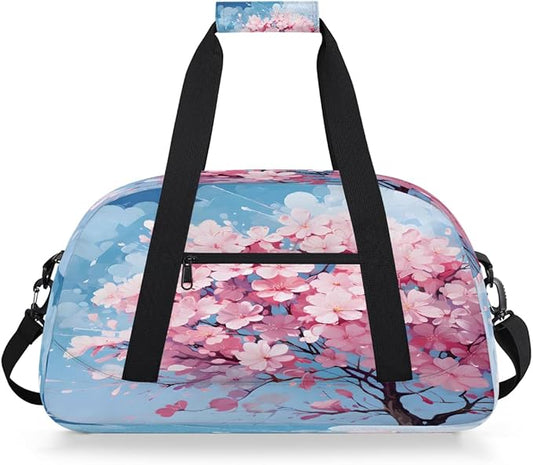 Sports Duffel Bags, Pink Cherry Blossom Tree Water-Resistant Gym Duffle Bag for Men Women, Lightweight Weekender Overnight Bag for Fitness, Workout, Travel
