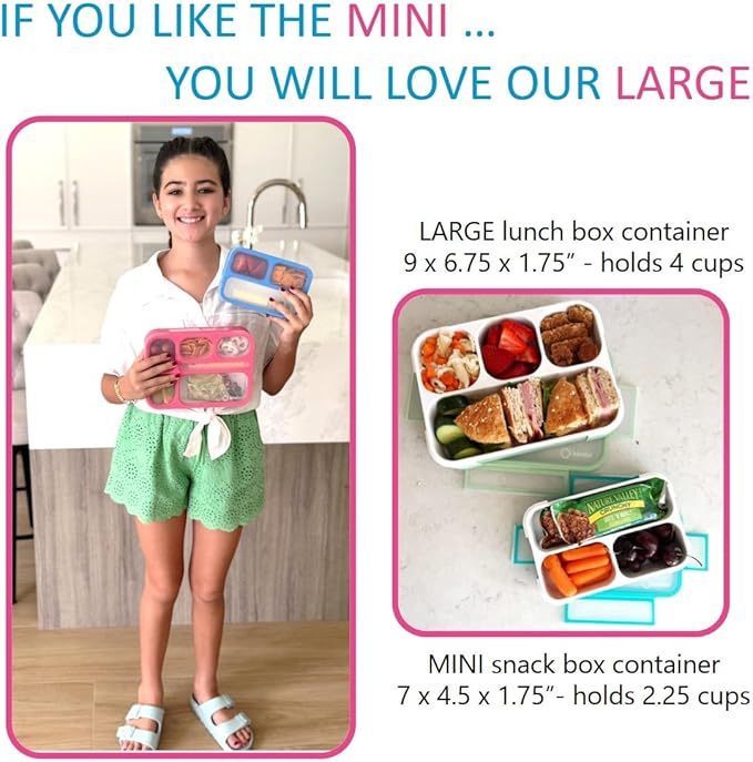 Kids Glitter Snack Container - Mini Bento Lunch-Box, Small Leakproof Container Boxes for Toddlers Girls Snacks Lunches, 3 Compartment - School Daycare Portion Containers, Pink Purple Sparkle Set of 2