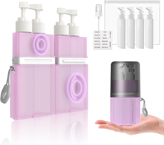 4 in 1 Travel Toiletry Containers,TSA Approved Refillable Travel Size Toiletries Bottles Set with Suction Cup for Smooth Walls - for Shampoo,Conditioner,Body Wash,Lotion.(Pink)