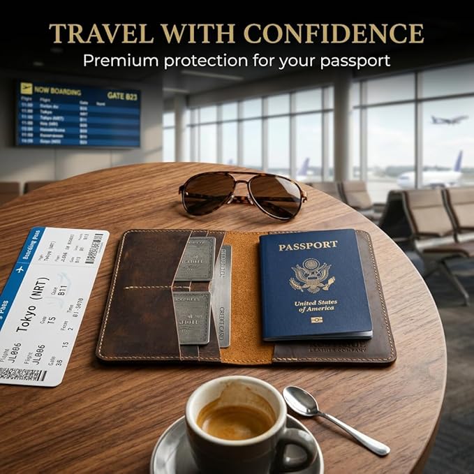 Rustique Leather Passport Holder Collection - Handmade Travel Wallet & Organizer - Full Grain Crazy Horse Leather Covers for Men & Women (Multiple Styles) (Standard Passport Cover - Tobacco & Honey)