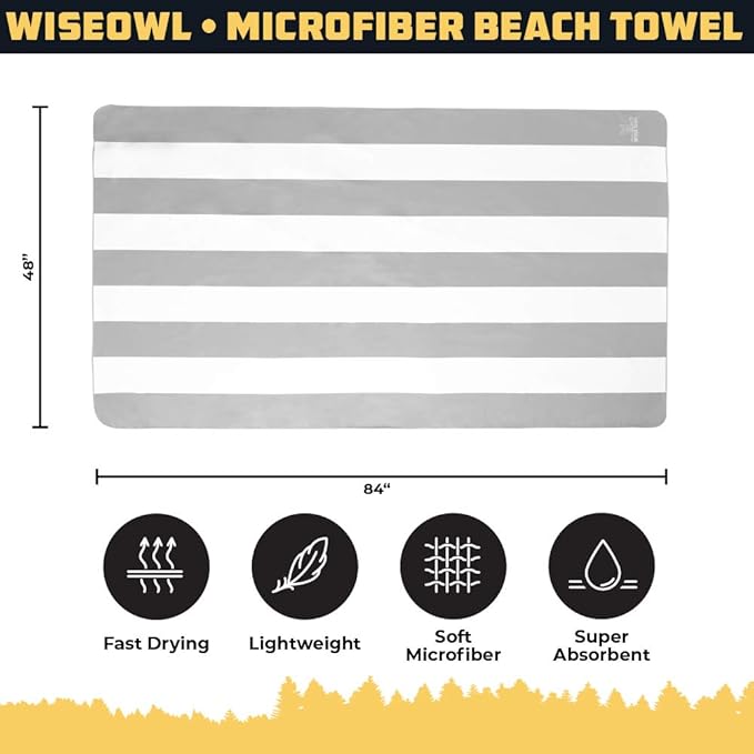 Wise Owl Outfitters Microfiber Beach Towel (7x4 ft) – Extra Large, Quick Dry, Lightweight and Sand Free for Adults at The Beach, Pool, Gym, Yoga, or for Travel and Outdoor Use
