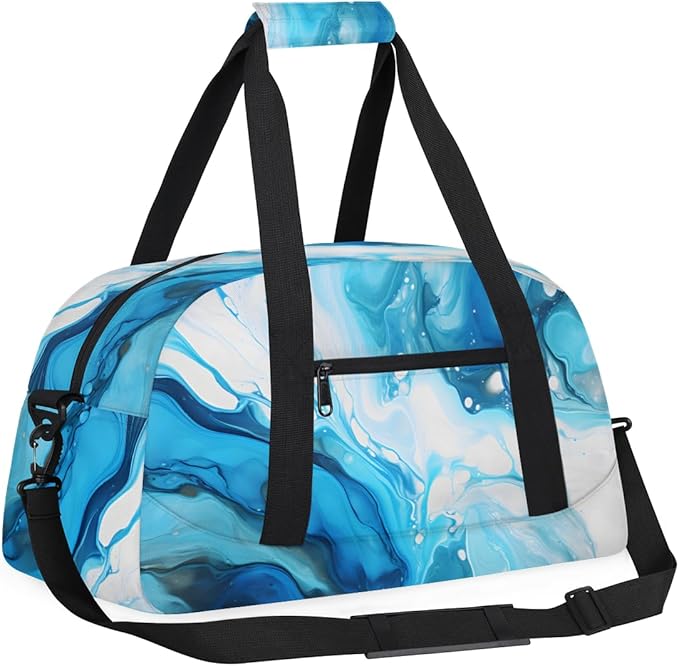Blue White Fluid Gym Travel Duffle Bag for Women & Men with Front Zipper Pocket for Sports, Overnight, Weekender, Carry On,Workout & Dance Bag,Marble Fluid,18.9 * 8.7 * 10.6 in