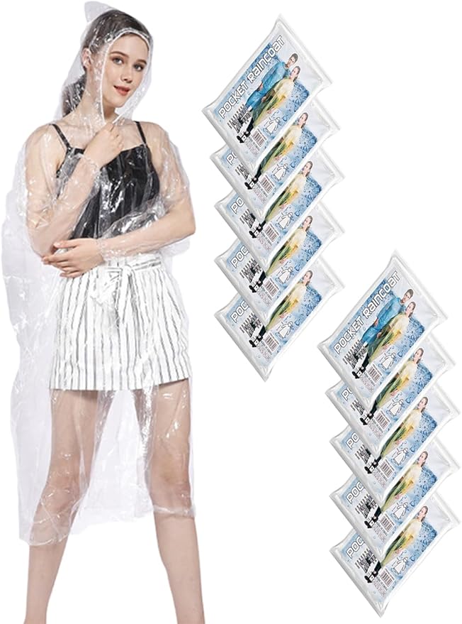 Disposable Rain Ponchos for Adults, Emergency Rain Coat with Drawstring Hooded Rain Jacket Family Pack, Clear