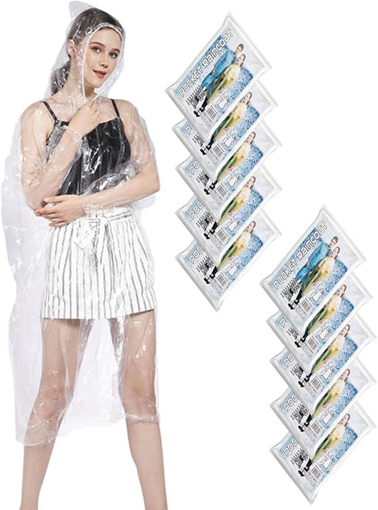 Disposable Rain Ponchos for Adults, Emergency Rain Coat with Drawstring Hooded Rain Jacket Family Pack, Clear