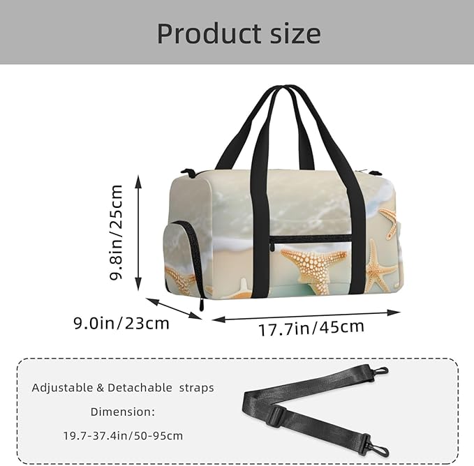 Beach Starfish Print Gym Bag with Shoe Compartment for Women Men, 17.7in Sports Duffle Weekender Tote, Overnight Travel Duffel Bag Carry On