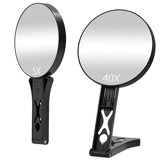 Magnifying Mirror 40X/5X Double Sided Hand Mirror, Precision Makeup at 40X Magnification & Overall View at 5X，Travel Handheld Magnified Makeup Mirror with Handle & Table Stand, Vanity Cosmetic Mirror
