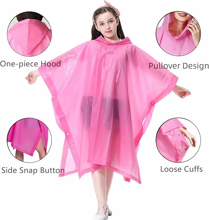 Rain Poncho for Kids (2 Pack), Reusable EVA Children Raincoat Ponchos Rain Jacket with Hood for 6-14 Girls Boys