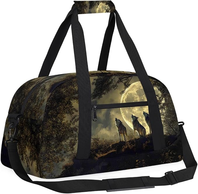 Travel Duffle Bag for travel duffle bag sports Girls Boys Kids Night Wolf Moon Lightweight Overnight Sleepover Weekender Bags Small Dance Gym Sport Bag Teens Carry-On Size Workout Bag