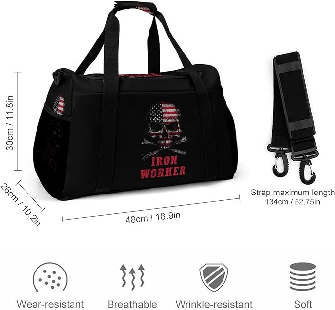 Skull Iron Worker U.S.A Flag Duffle Bag Gym Bag for Workout Travel Tote with Detachable Straps