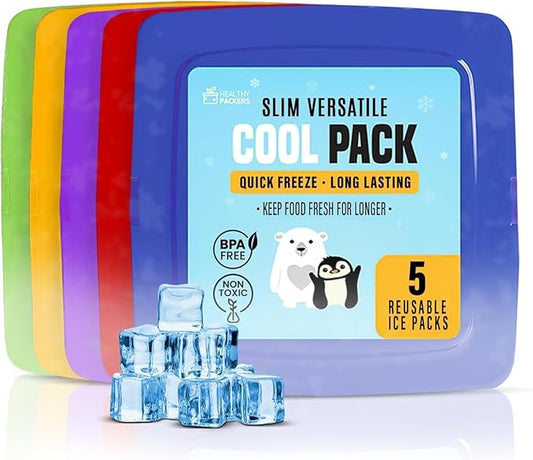 Healthy Packers® Reusable Ice Packs for Lunch Boxes Kids and Adults | Long‑Lasting Thin Freezer Packs for Coolers, Bento Boxes, Lunch Bags, Travel, School Meals, and Meal Prep (5-Pack | Square)