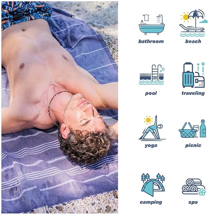 Hencely Turkish Beach Towel 37x68 Oversized, Sand-Free, Quick-Dry, Lightweight - Travel Essential for Pool & Bath - Striped 100% Cotton Bathroom Towels Accessories Gift (Navy Blue)