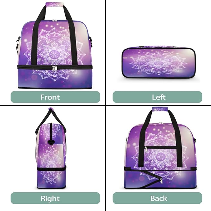 Purple Mandala Flower Abstract Large Weekender Bag with Shoe Compartment Travel Duffel Bags for Women Carry On Hospital Overnight Bag Foldable Personal Item Travel Bags Tote Gym Sports Airplanes
