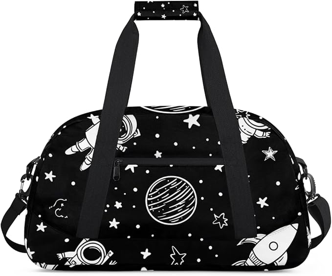 Cartoon Space Gym Travel Duffle Bag for Women & Men with Front Zipper Pocket for Sports, Overnight, Weekender, Carry On,Workout & Dance Bag,Black,18.9 * 8.7 * 10.6 in