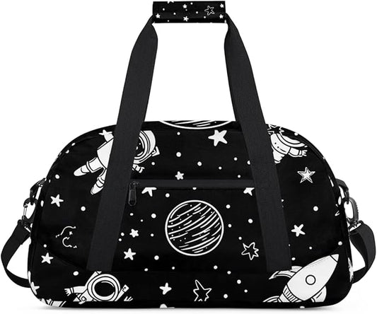 Cartoon Space Gym Travel Duffle Bag for Women & Men with Front Zipper Pocket for Sports, Overnight, Weekender, Carry On,Workout & Dance Bag,Black,18.9 * 8.7 * 10.6 in