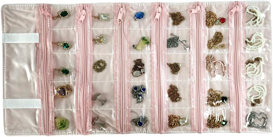 Travel Jewelry Roll Bag Portable Organizer Pouch With Grids&PVC Cover Storage Bags for Necklace, Bracelet, Bracelet,Ring, Badge, Pendant