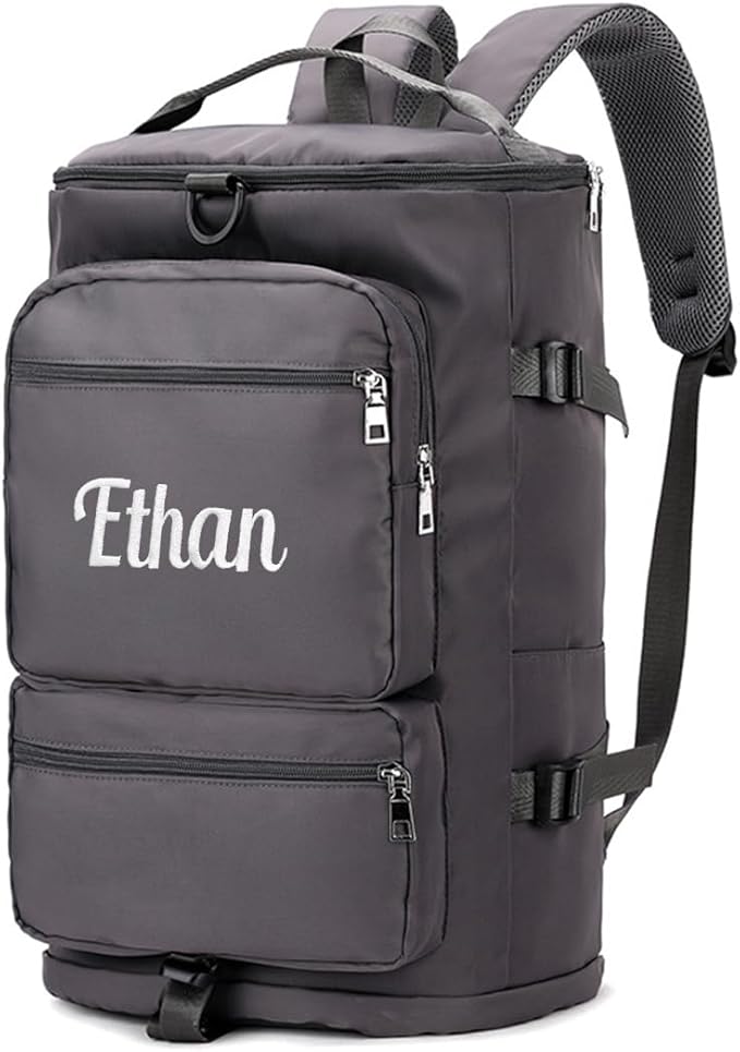 Personalized Sports Duffel Bag, 35L Custom Embroidered Gym Backpack for Men Women, Travel Weekender Bag with Shoe & Laptop Compartment, Carry On Overnight Workout Bag(Grey)