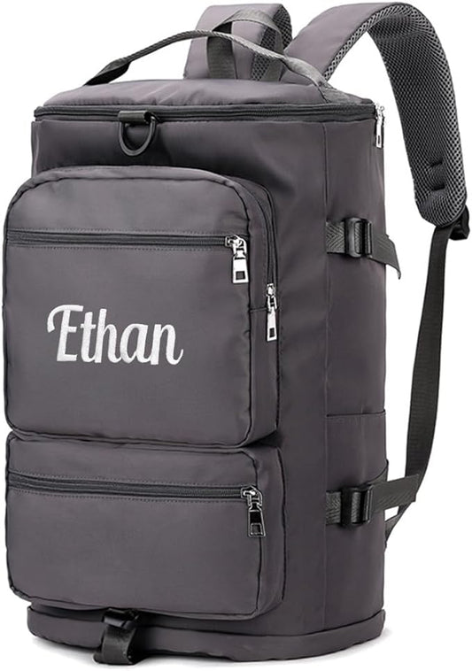 Personalized Sports Duffel Bag, 35L Custom Embroidered Gym Backpack for Men Women, Travel Weekender Bag with Shoe & Laptop Compartment, Carry On Overnight Workout Bag(Grey)