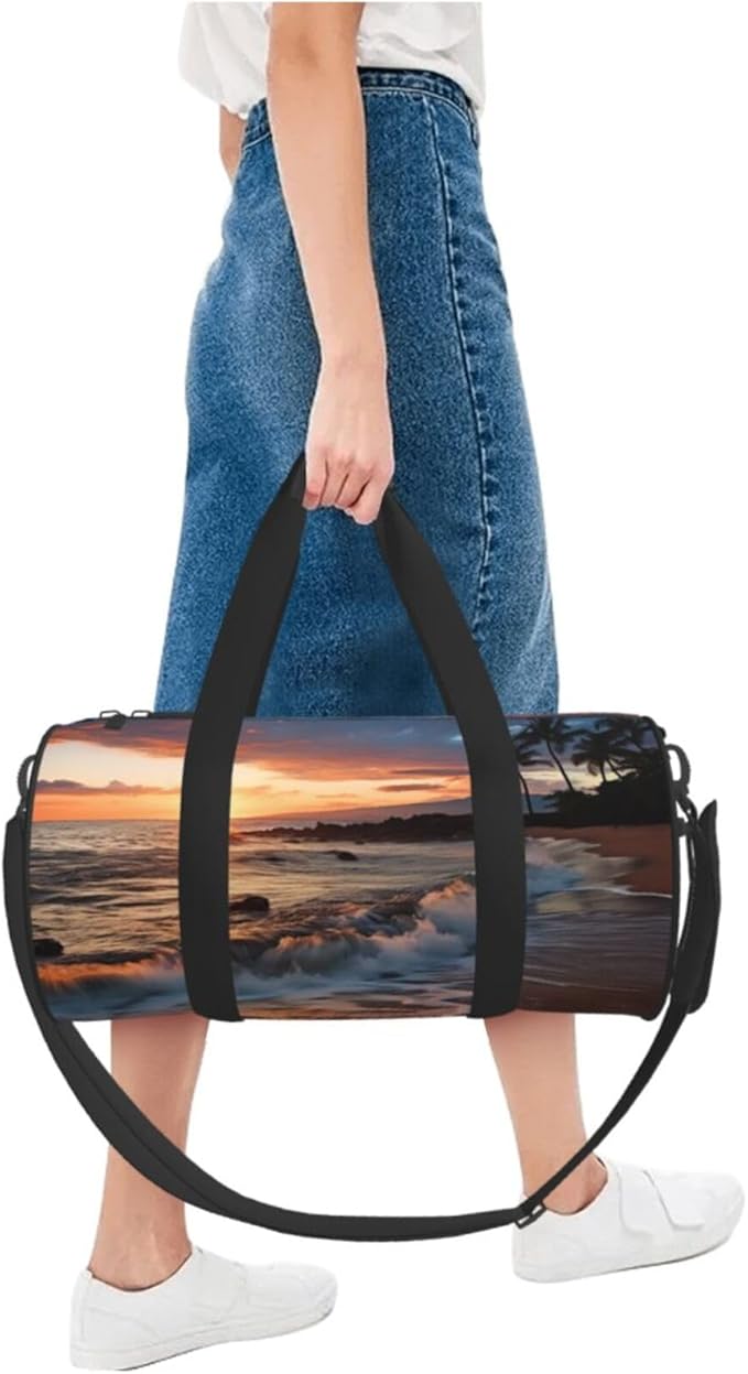 Beach Maui Hawaii Sunset Sea Waves Clouds Sports Gym Bag for Women Men Travel Duffel Bag Tote Weekender Bag Canvas Carry on Overnight Bag for Travel Swimming Fitness Workout Sports Duffle Bag