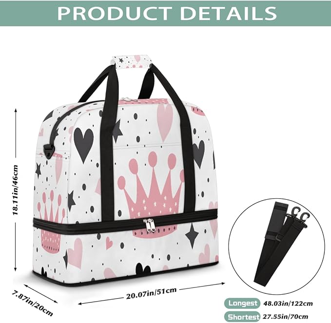Pink Heart Star Crown Large Weekender Bag with Shoe Compartment Travel Duffel Bags for Women Carry On Hospital Overnight Bag Foldable Personal Item Travel Bags Tote Gym Sports Airplanes