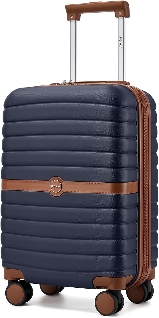 Kono Expandable Carry On Luggage 22x14x9 Airline Approved with Spinner Wheels, 20 Inch Durable PC+ABS Hardshell Travel Suitcase Rolling Luggage with Lock, Navy/Brown