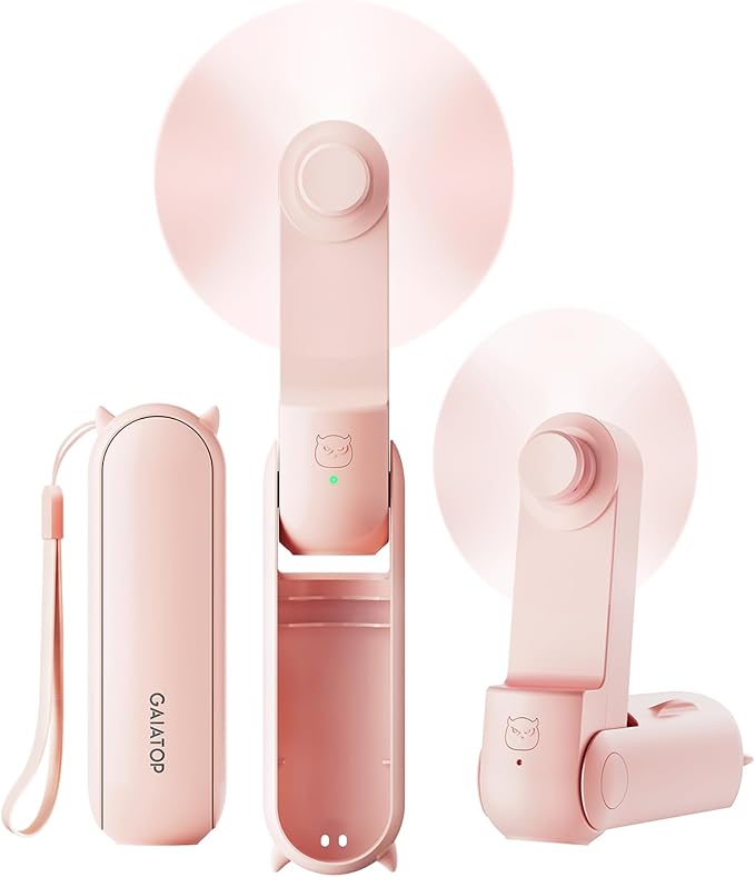 GAIATOP Portable Handheld Fan, 3 IN 1 Mini Foldable Travel Fans [17H Max Cooling Time] with Power Bank, Pocket Design USB Rechargeable for Travel Concert Lash Makeup, Summer Gifts for Women Girl, Pink