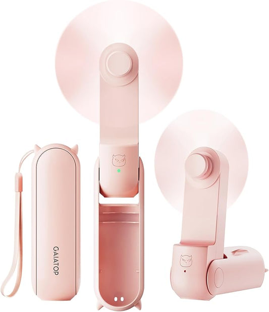 GAIATOP Portable Handheld Fan, 3 IN 1 Mini Foldable Travel Fans [17H Max Cooling Time] with Power Bank, Pocket Design USB Rechargeable for Travel Concert Lash Makeup, Summer Gifts for Women Girl, Pink