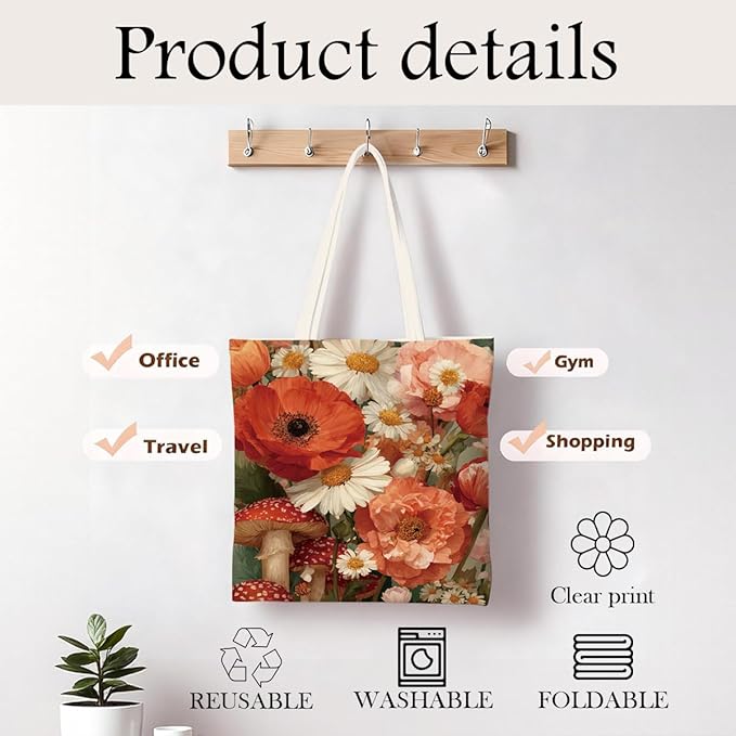 Canvas Tote Bag for Women, Vintage Print Handbag, Aesthetic Shopping Bag for Work Travel Beach, Everyday Shoulder Tote