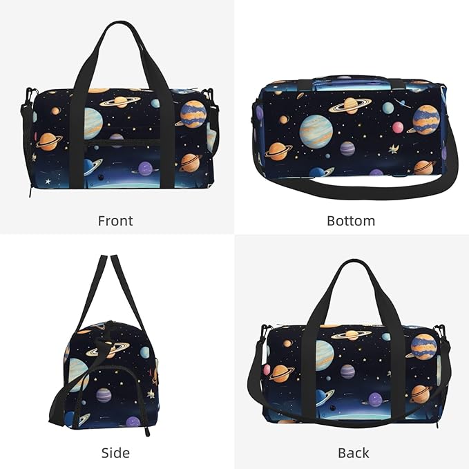 Saturn Jupiter Earth Print Gym Bag with Shoe Compartment for Women Men, 17.7in Sports Duffle Weekender Tote, Overnight Travel Duffel Bag Carry On