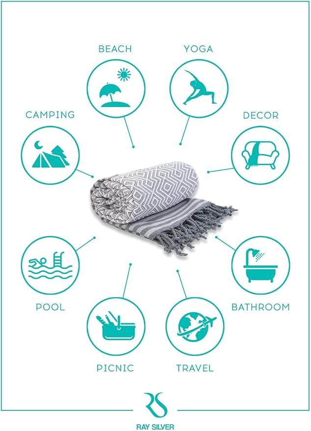 RAY SILVER Turkish Beach Towel – 100% Cotton 40x71 Quick Dry Oversized Sand Free Lightweight Blanket for Travel Camping Bath Sauna Pool Gym Yoga (4pc- Black Orange Yellow White)