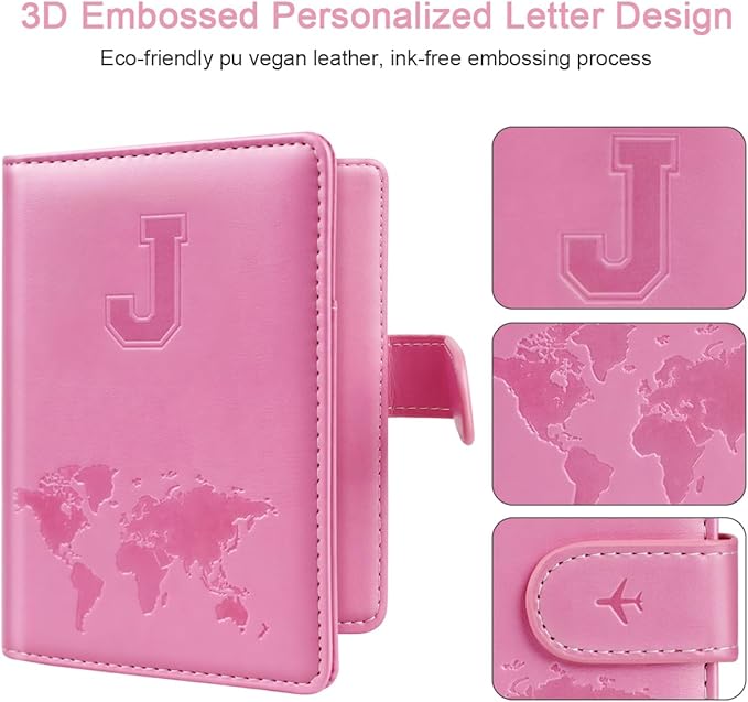 Passport Holder Cover Initail Letter A-Z Travel Wallet Embossed Design RFID Blocking Card Holder Personalized Gift Passport Cover Wallet, Passport Book Holders for Women and Girls, Pink-J